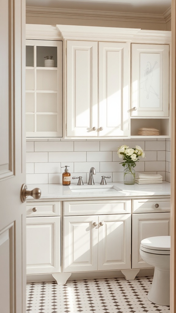 A bright bathroom featuring classic white wood cabinets with a gray floor