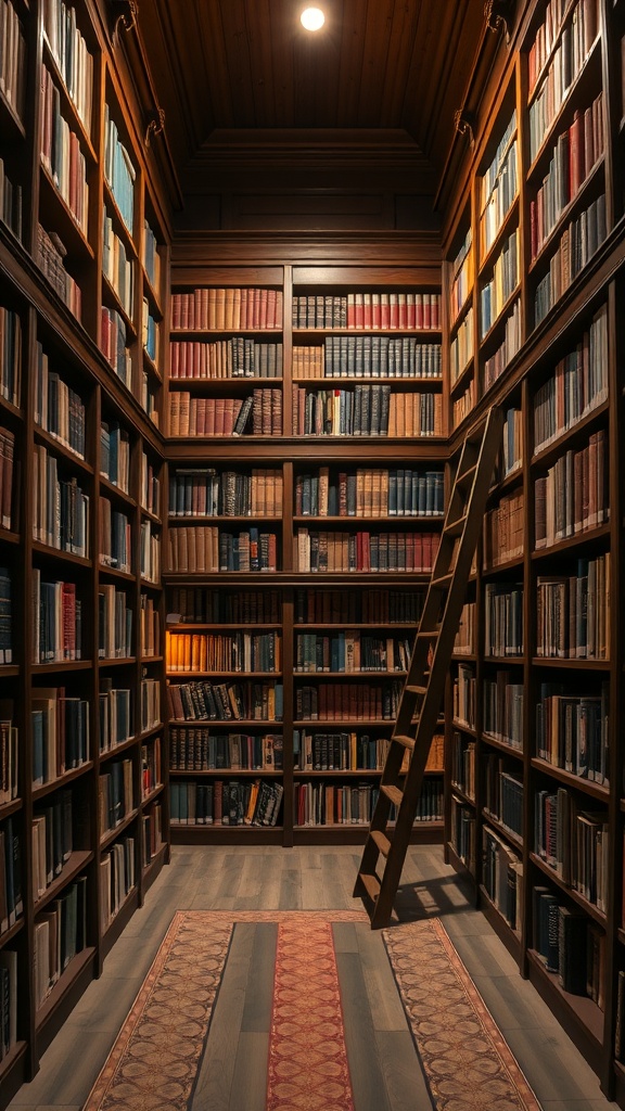 A classic wooden library with tall bookshelves filled with books and a wooden ladder