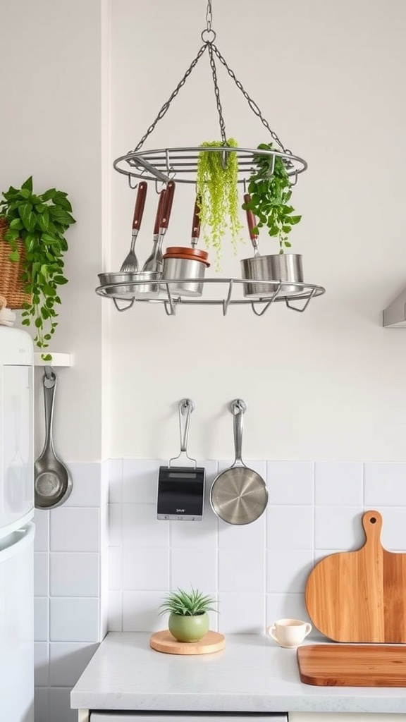 A hanging pot rack with utensils and plants, enhancing a small kitchen.