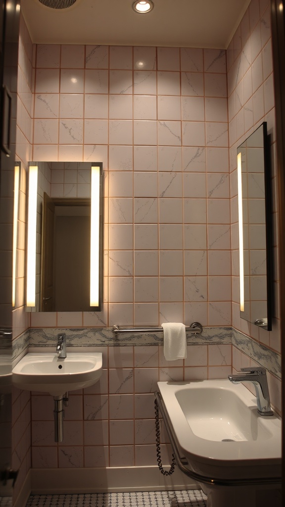 A modern bathroom with two stylish mirrors, pink tiled walls, a white sink, and a bathtub.