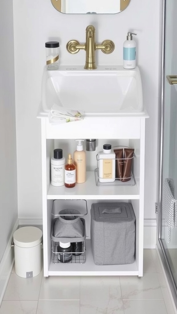 Stylish bathroom sink storage with white cabinet, elegant faucet, and organized bins.