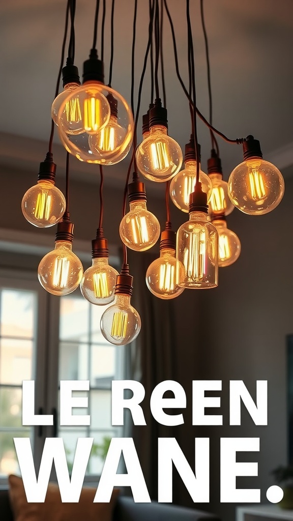 A cluster of vintage-style light bulbs hanging from the ceiling, creating a warm glow in a cozy living room setting.