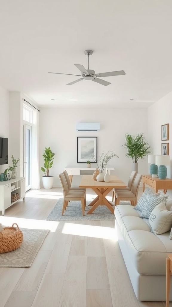 A bright and airy living room-dining room combo showcasing a coastal style with light colors and natural materials.