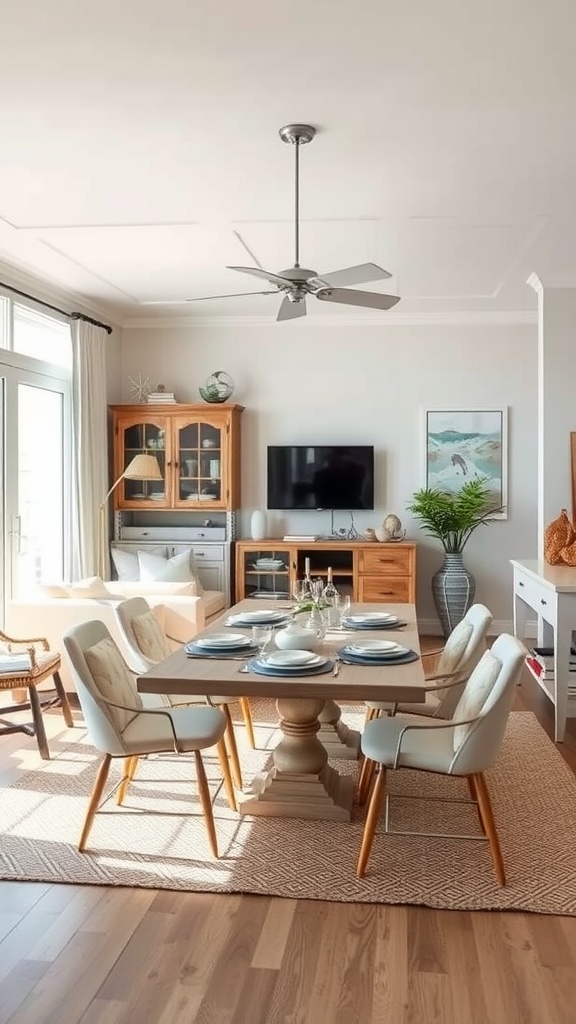 A bright and airy living room dining room combo with a coastal breeze design featuring a wooden dining table, comfortable chairs, and beach-themed decor.