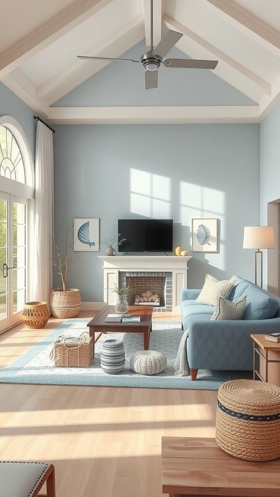 A bright and airy living room with soft blue walls, a cozy blue sofa, and natural light illuminating the space.