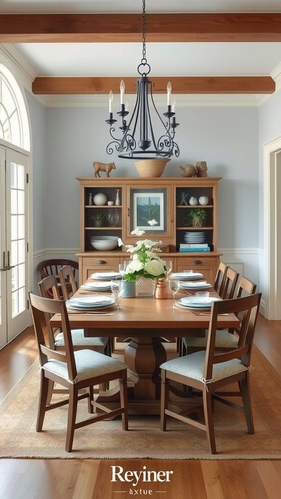 A coastal farmhouse dining room featuring a large wooden table, comfortable chairs, and a chandelier, set against blue walls with rustic wooden beams.