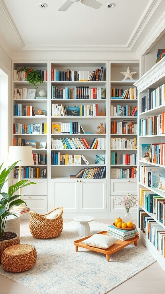 A stylish coastal inspired home library with shelves full of colorful books and cozy seating