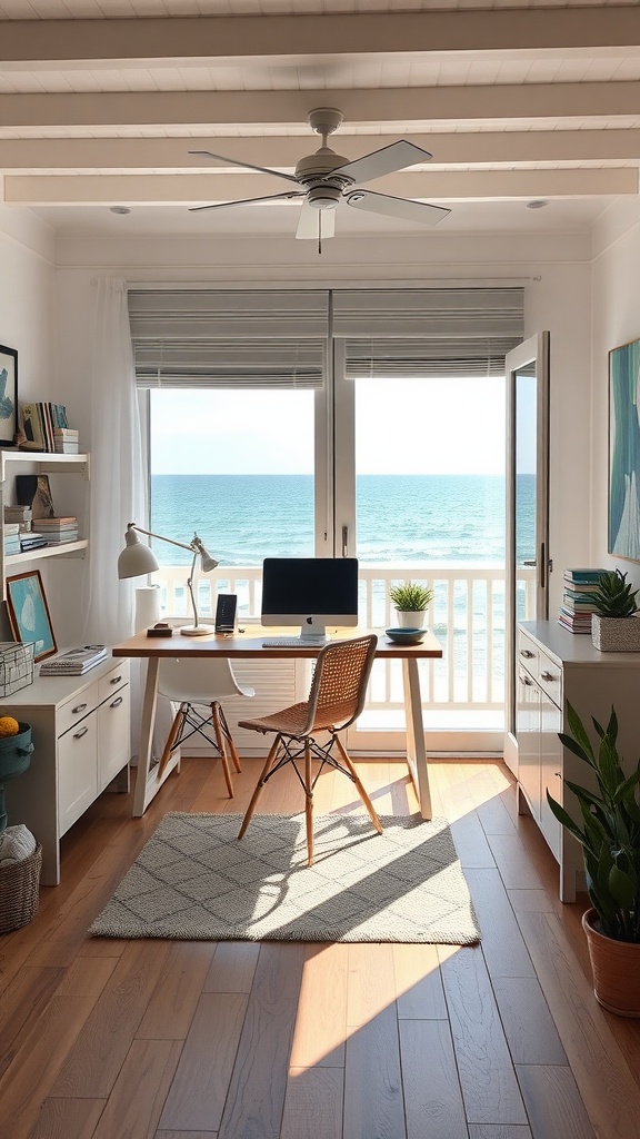 A bright home office setup with a view of the ocean