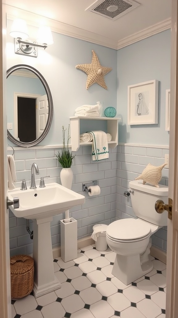 A small guest bathroom with coastal decor, featuring blue walls, a round mirror, a starfish on the wall, and patterned tile flooring.