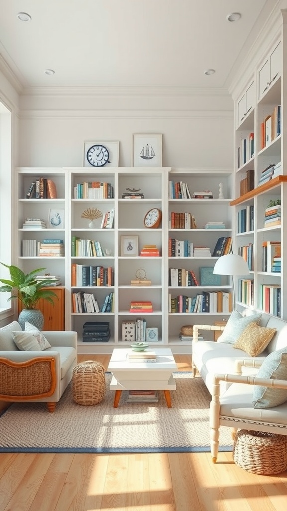 Coastal style library with nautical themes, featuring white bookshelves, soft seating, and decorative nautical items