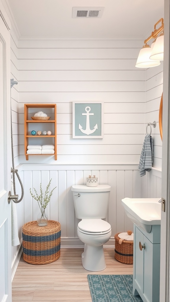 A modern coastal bathroom featuring shiplap walls, nautical decor, and functional design elements.