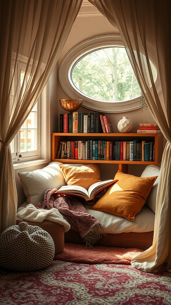 Cozy reading nook with soft cushions and natural light