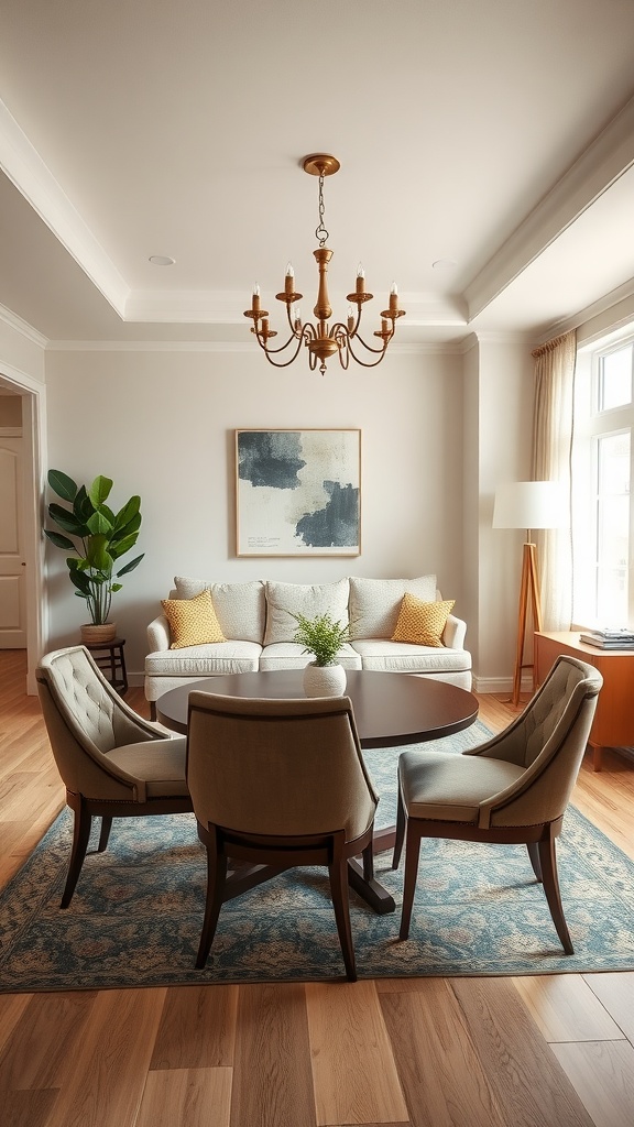 A cozy living room-dining room combo featuring a beige sofa, yellow cushions, and a muted blue area rug.