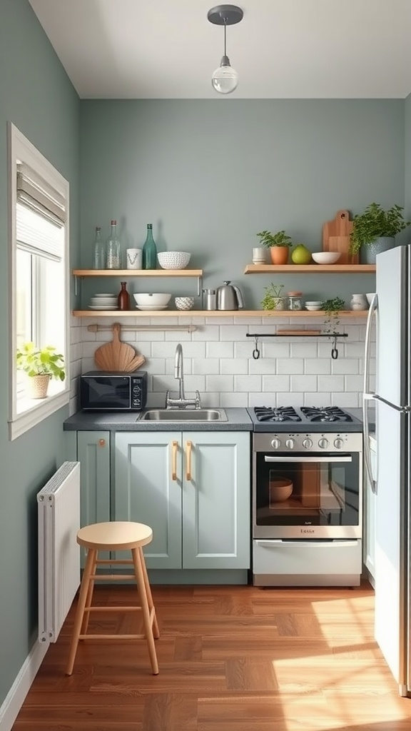 A very small kitchen with a cohesive color scheme featuring green walls and light blue cabinetry.