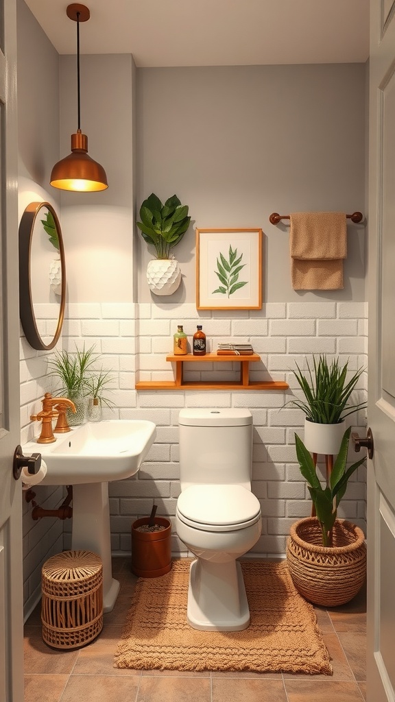 A stylish bathroom with gray walls, white brick tiles, plants, and rustic decor elements