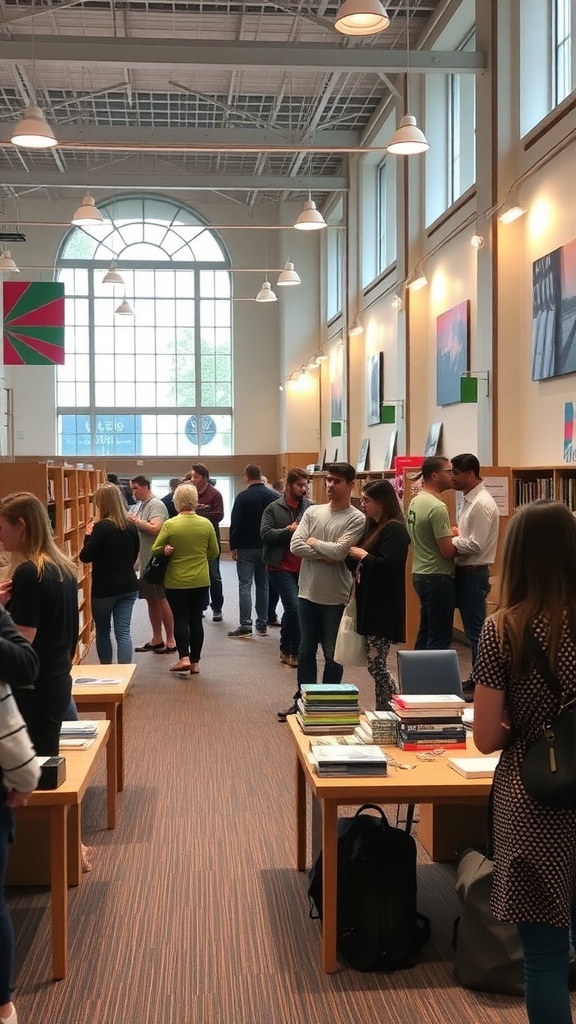 People interacting in a modern library setting, discussing resources and ideas.