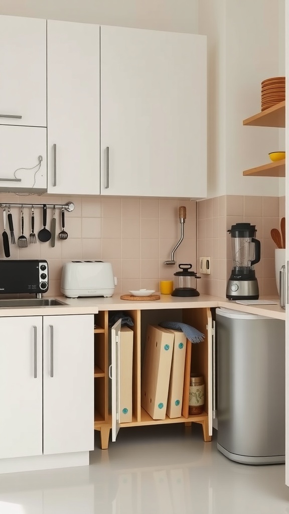 A small kitchen showcasing collapsible appliances and smart storage solutions.