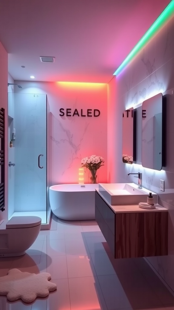 Stylish bathroom featuring color-changing LED lights in pink, blue, and green.