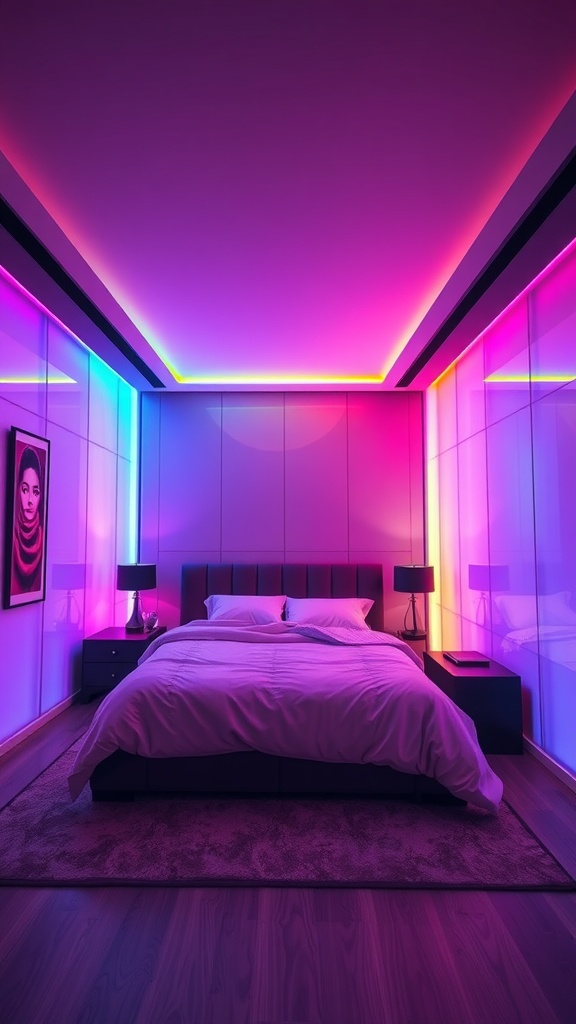 A modern bedroom with color-changing LED panels on the walls, featuring a bed and stylish lamps.