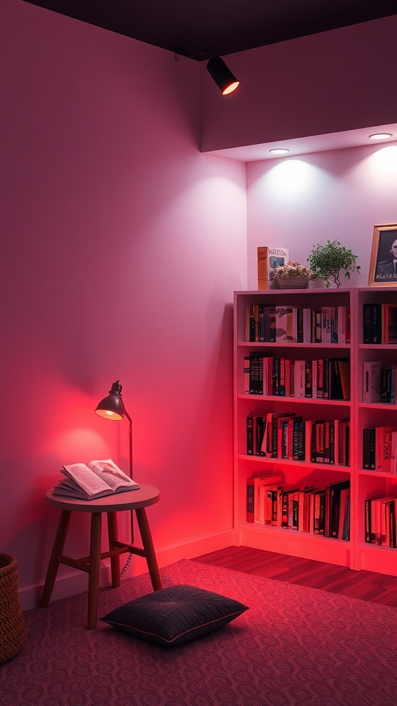 A cozy reading nook with color-changing lights, featuring a table with an open book and a comfy pillow on the floor.