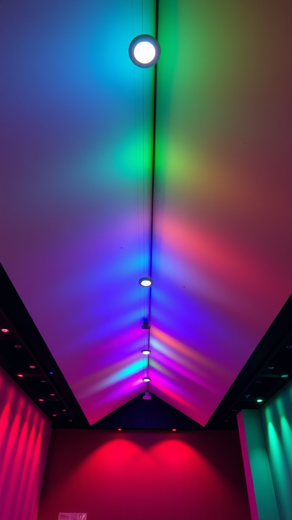 Color-changing recessed lighting on a sloped ceiling