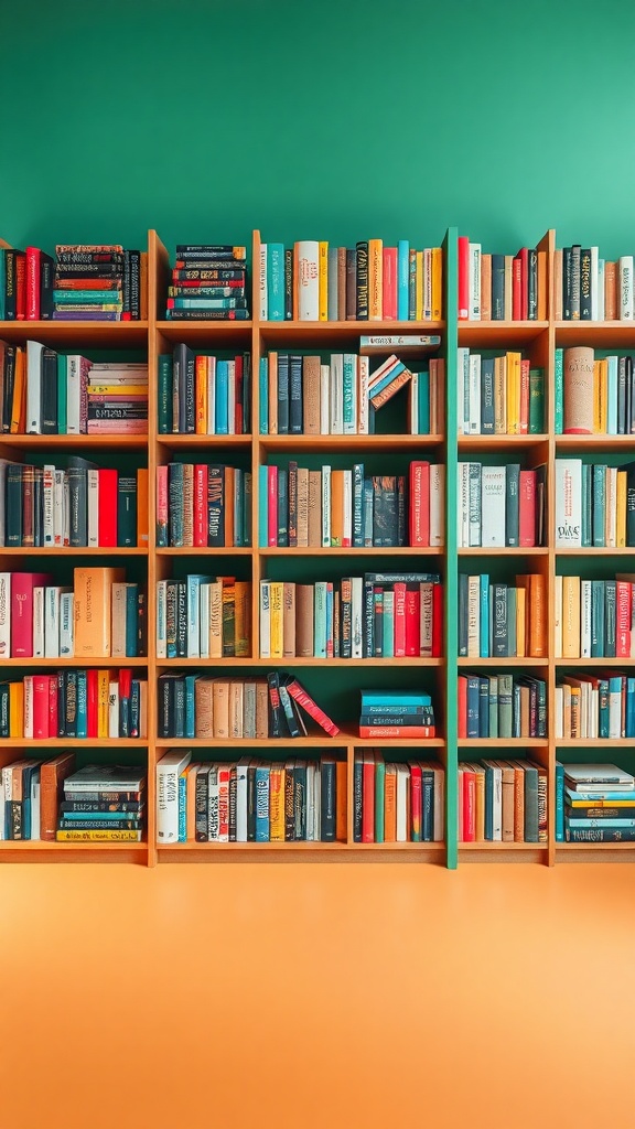 A color-coded bookshelf filled with neatly arranged books, showcasing a vibrant display against a green wall and orange base.