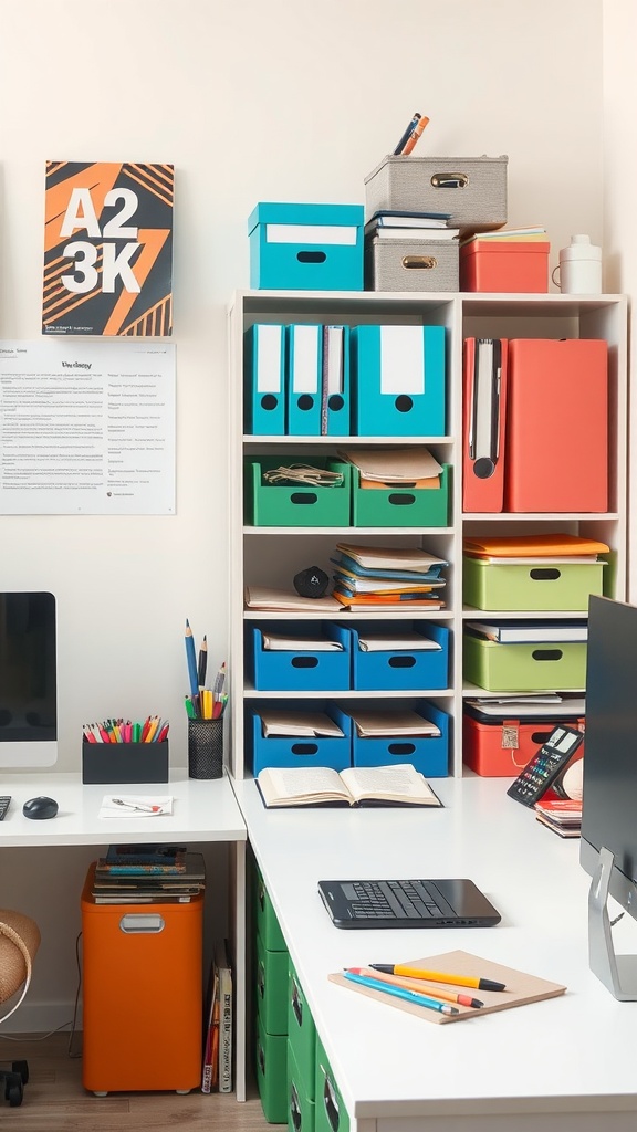 A colorful and organized home office with a variety of storage boxes and stationery items.