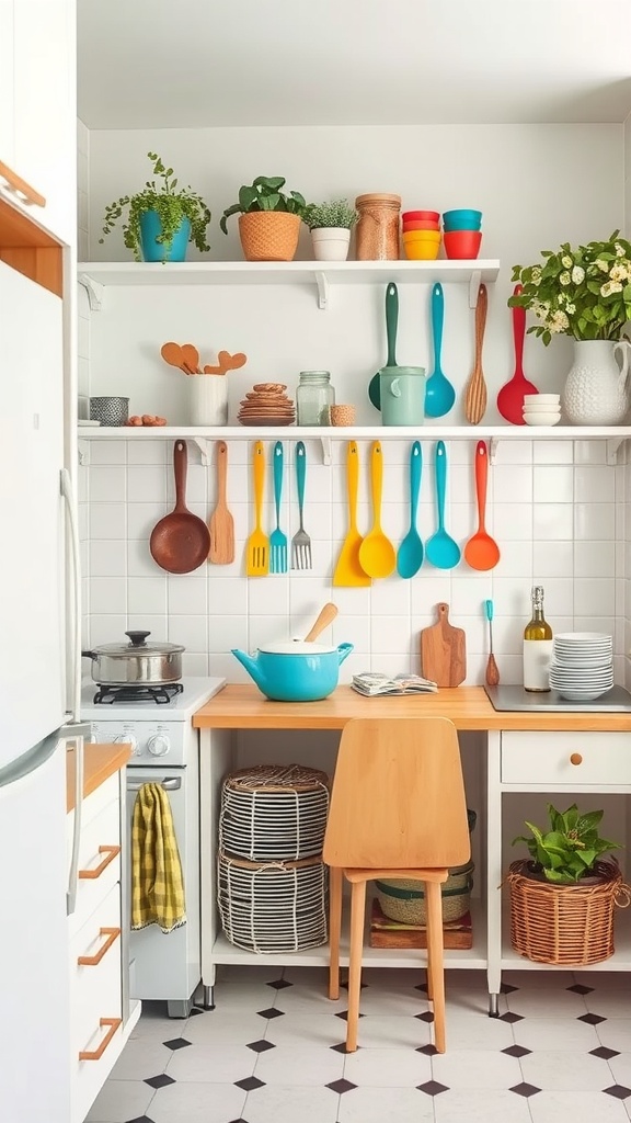 A small apartment kitchen with colorful utensils and potted plants, showcasing color coordination.