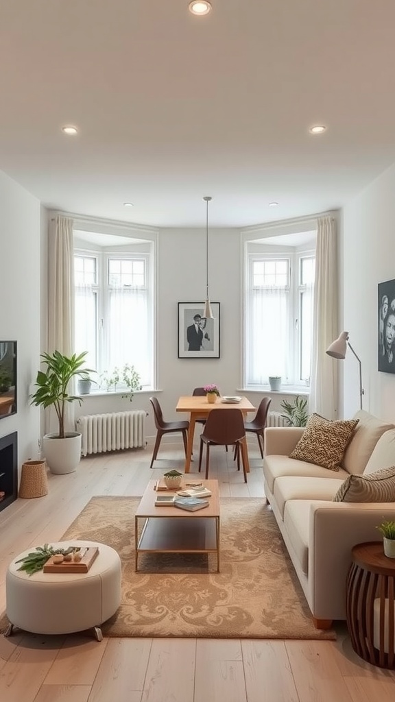 A small living room featuring light colors and a dining table, designed to maximize space.