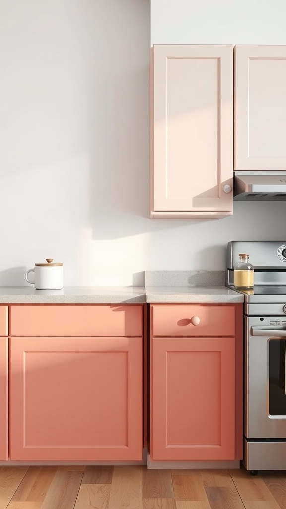 A kitchen showing coral colored cabinets, neutral countertop, and stainless steel appliances.