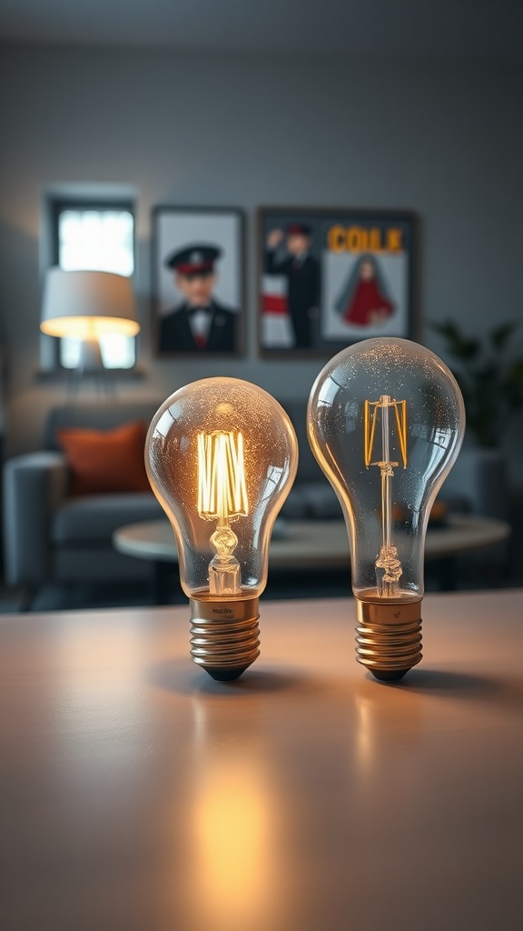 Two light bulbs of different designs illuminating a cozy living room setting