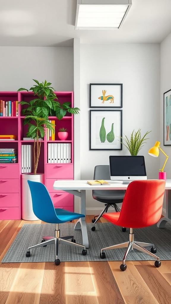 A colorful office layout featuring a pink bookshelf, blue and red chairs, a white table, and plants, creating a vibrant workspace.