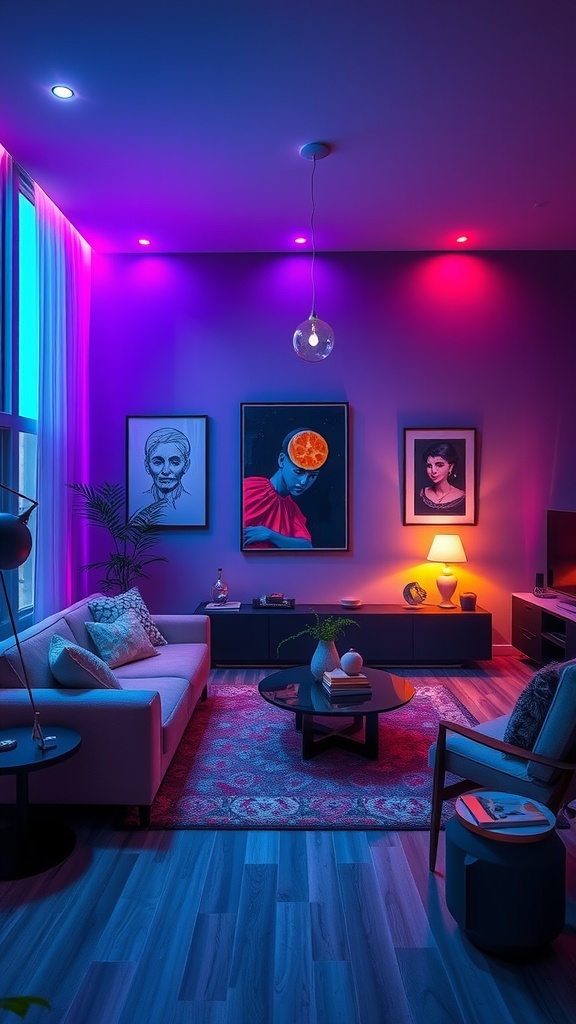 A living room with colorful accent lighting in pink and blue, featuring artwork on the wall and a cozy seating area.