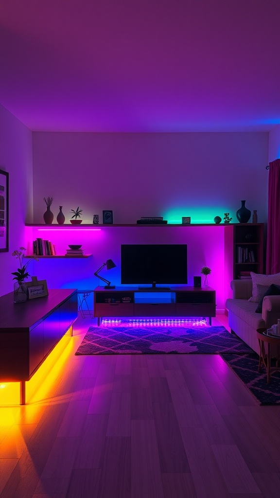 A modern living room with colorful LED accent lighting in pink, blue, and orange, enhancing the space's mood.