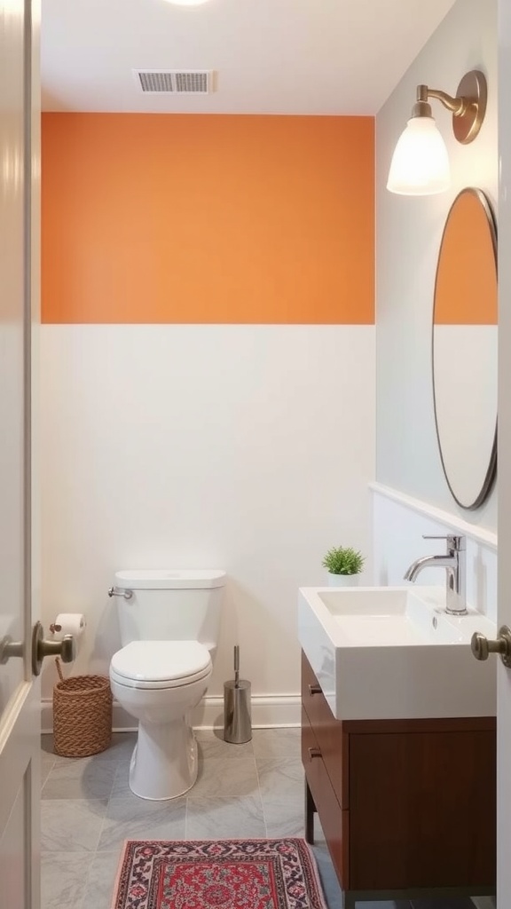 A small bathroom featuring an orange accent wall, white lower wall, modern sink, and tasteful decor