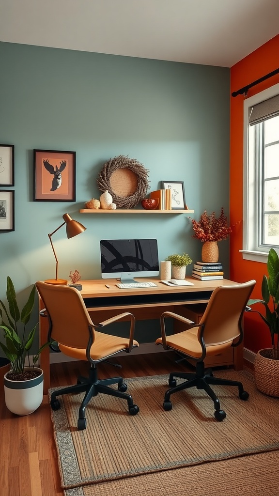 Cozy fall home office with blue and orange accent walls, a wooden desk, and comfortable chairs.