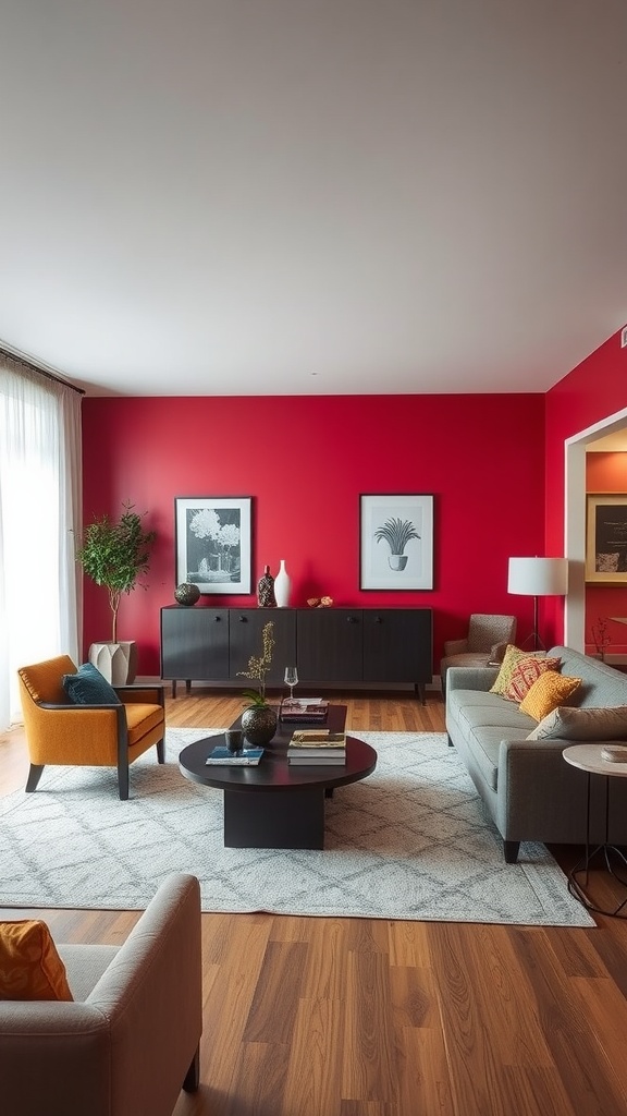 A living room with a colorful red accent wall, featuring stylish furniture and decor.