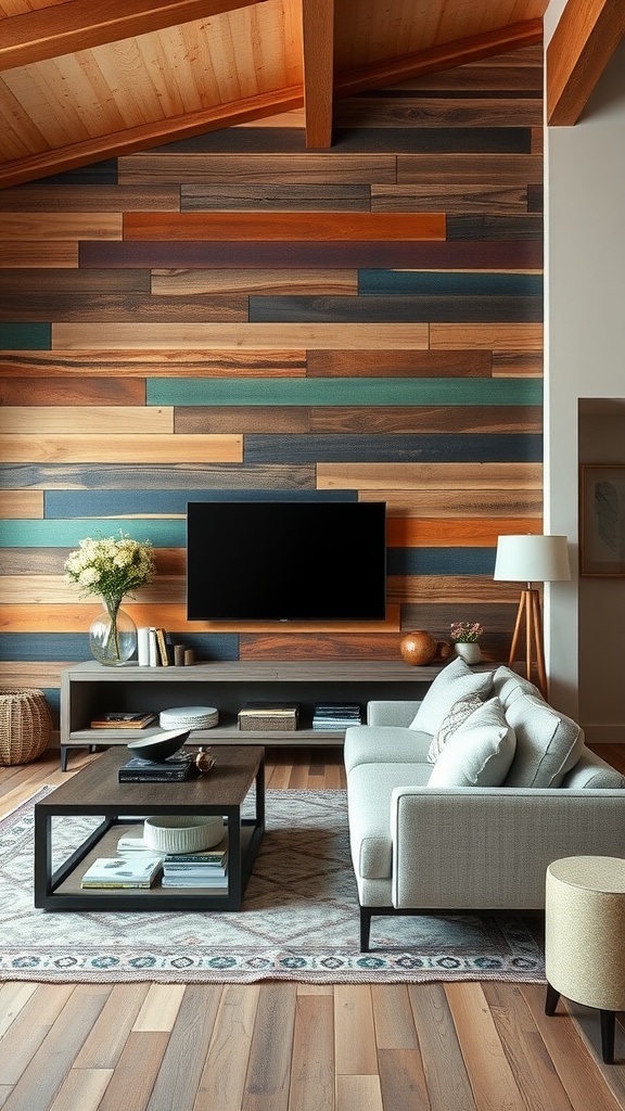 Rustic farmhouse living room with colorful accent wall made of wood panels, featuring a neutral sofa and modern coffee table