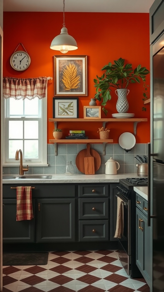 A small kitchen featuring a vibrant orange accent wall, dark cabinetry, natural decor elements, and stylish lighting.