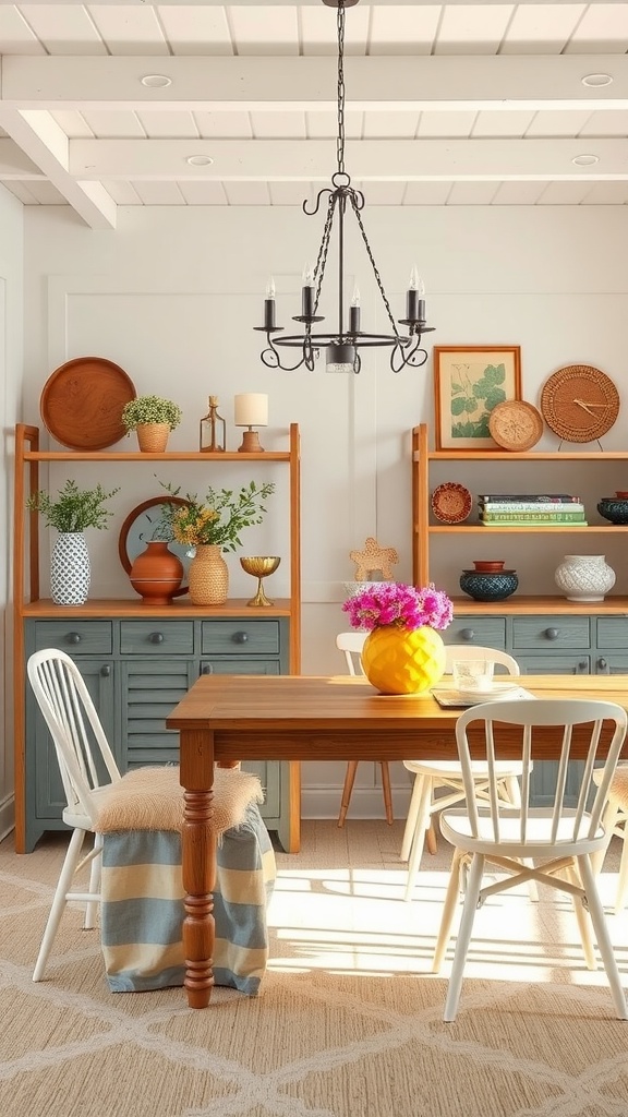 A colorful modern farmhouse dining room featuring a wooden table, white chairs, and decorative shelves.