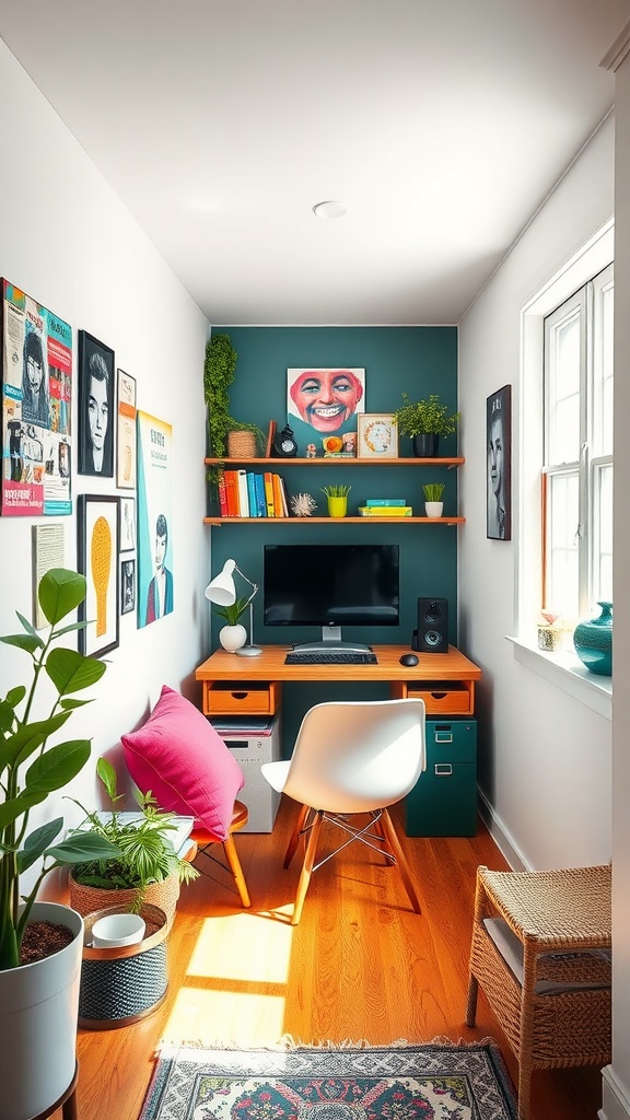 A colorful tiny home office featuring an orange desk, green walls, plants, and vibrant wall art.