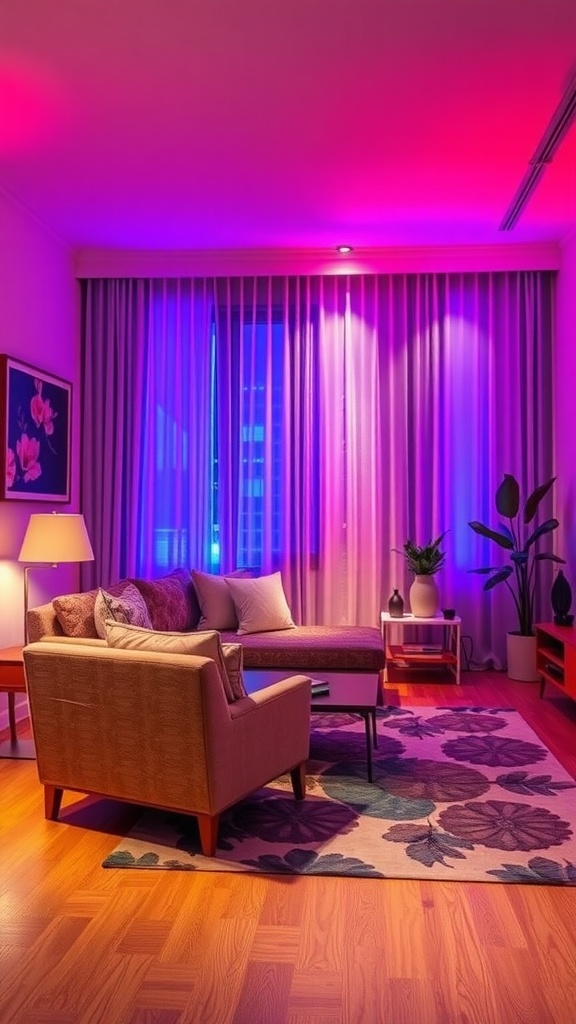 Living room with colorful ambient lighting in shades of pink and purple, featuring a cozy couch and stylish decor.