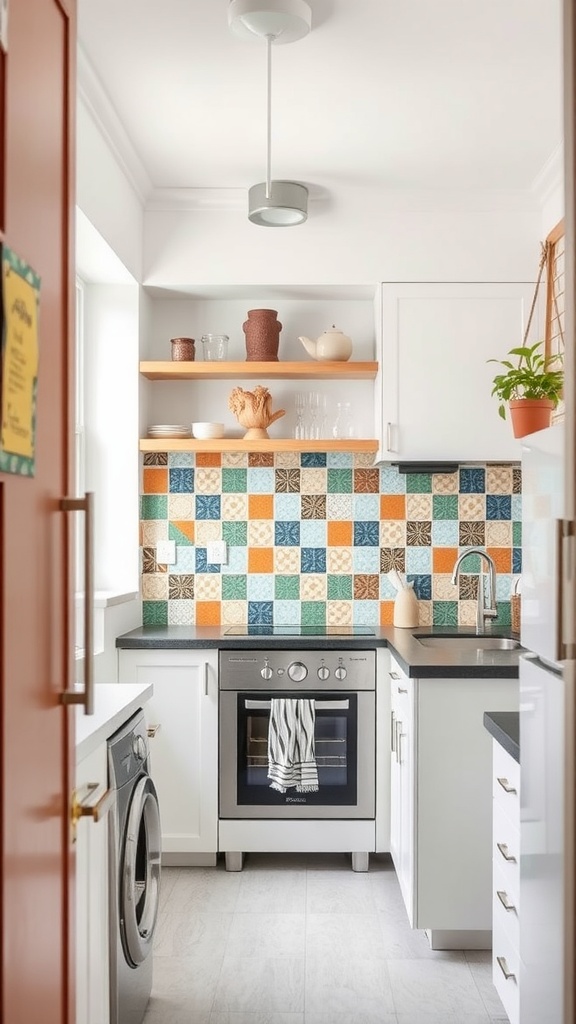 Small apartment kitchen featuring a colorful tiled backsplash with blue, orange, and earthy tones.