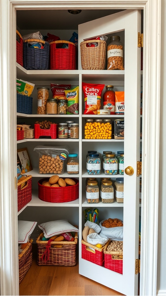 A well-organized pantry with colorful baskets in red and blue, showcasing snacks, jars, and various pantry items.