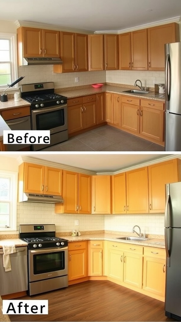 Before and after comparison of a kitchen cabinet makeover