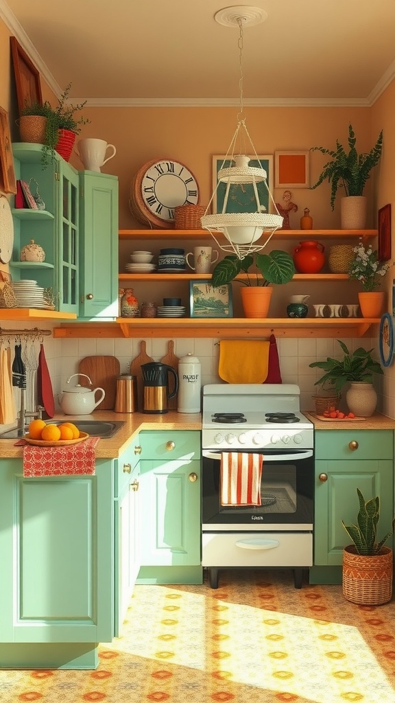 A colorful eclectic kitchen with mint green cabinets and warm peach walls, featuring various plants and cheerful decor.