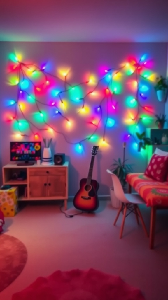 A cozy bedroom with colorful fairy lights on the wall, featuring a guitar and a vibrant couch.