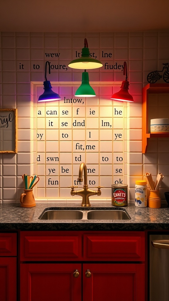 Colorful hanging lights in a kitchen above a sink, featuring red, green, and blue fixtures.