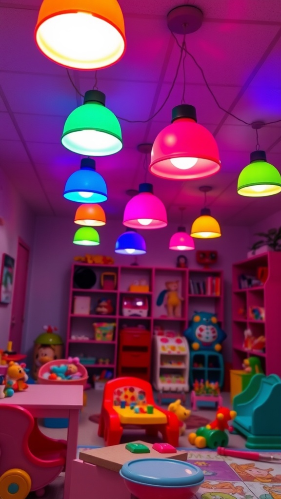 Colorful hanging lights in a playful setting with toys and furniture.