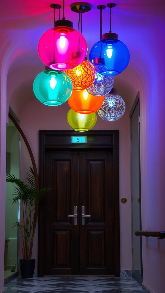 Colorful glass light fixtures hanging in a hallway